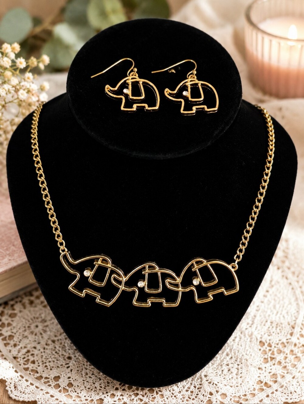 Vintage Gold Tone Elephant Necklace & Earring Set – Adorable 1980s/90s
